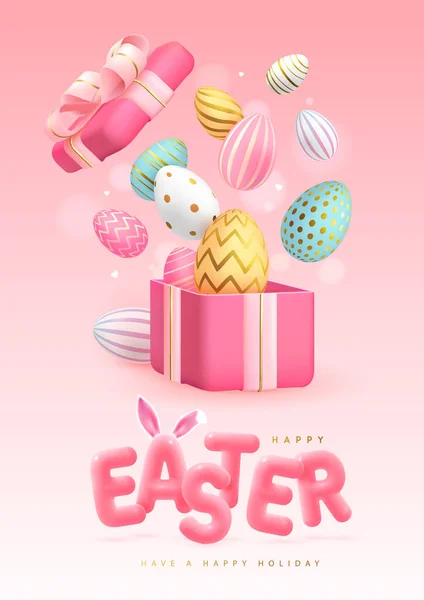 Happy Easter Typography Background Colorful Easter Eggs Open Gift Box — Stok Vektör