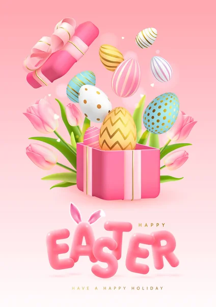 Happy Easter Typography Background Colorful Easter Eggs Open Gift Box — Vetor de Stock