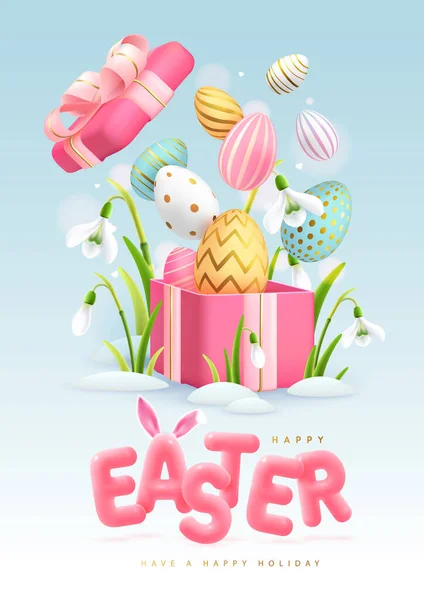 Happy Easter Typography Background Colorful Easter Eggs Open Gift Box — стоковый вектор