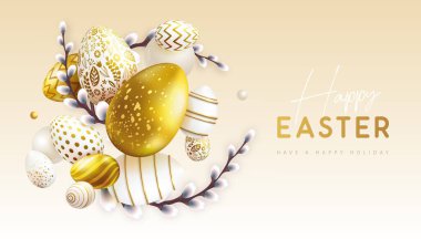 Happy Easter holiday background with golden easter eggs and willow branches. Greeting card or poster. Vector illustration