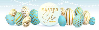 Happy Easter typography big sale poster with blue easter eggs and string of lights. Greeting card or poster. Vector illustration clipart