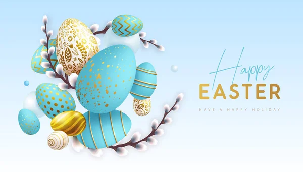 Mavi Paskalya Yumurtaları Söğüt Dallarıyla Mutlu Paskalya Tatilleri Tebrik Kartı — Stok Vektör