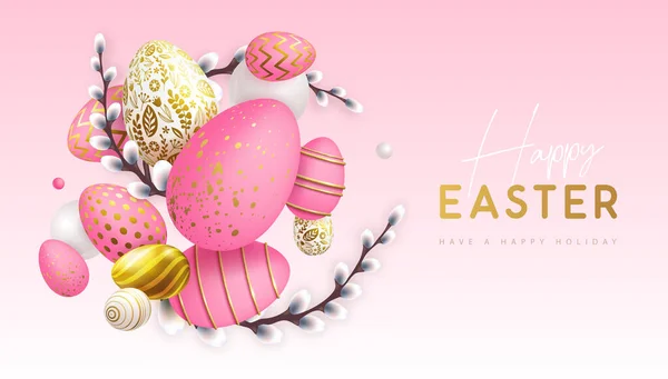 Happy Easter Holiday Background Pink Easter Eggs Willow Branches Greeting — Stockvector