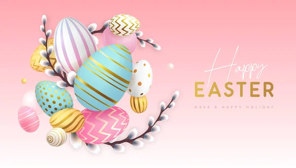 Happy Easter Holiday Background Colorful Easter Eggs Willow Branches Greeting — Vettoriale Stock
