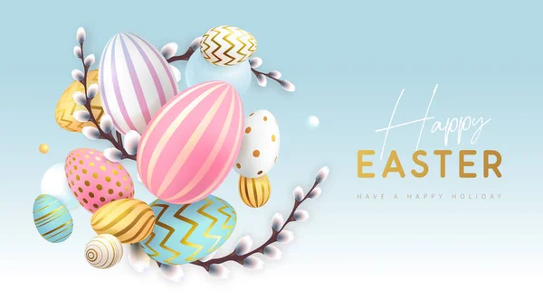 Happy Easter Holiday Background Colorful Easter Eggs Willow Branches Greeting — Vettoriale Stock