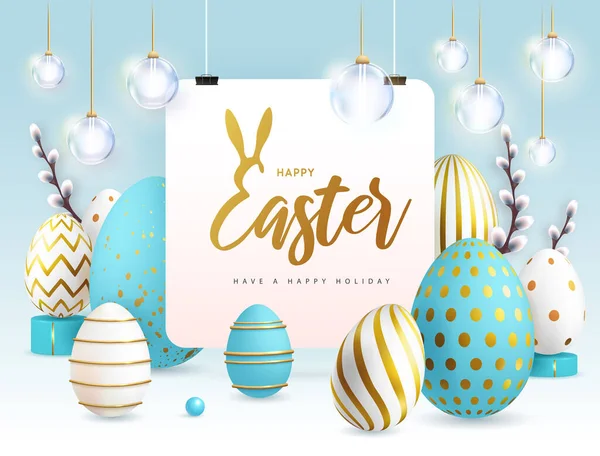 Mavi Paskalya Yumurtaları Söğüt Dallarıyla Mutlu Paskalya Tatilleri Tebrik Kartı — Stok Vektör