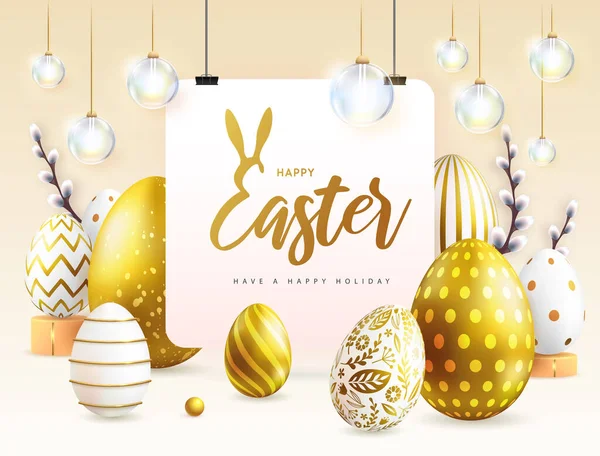Happy Easter Holiday Background Golden Easter Eggs Willow Branches Greeting — Vettoriale Stock