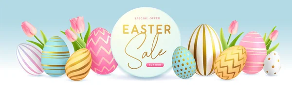Happy Easter Typography Big Sale Poster Colorful Easter Eggs Spring — Wektor stockowy