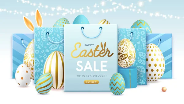 复活节快乐排版大销售海报 蓝色的复活节彩蛋和购物袋 贺卡或海报 矢量说明 — 图库矢量图片
