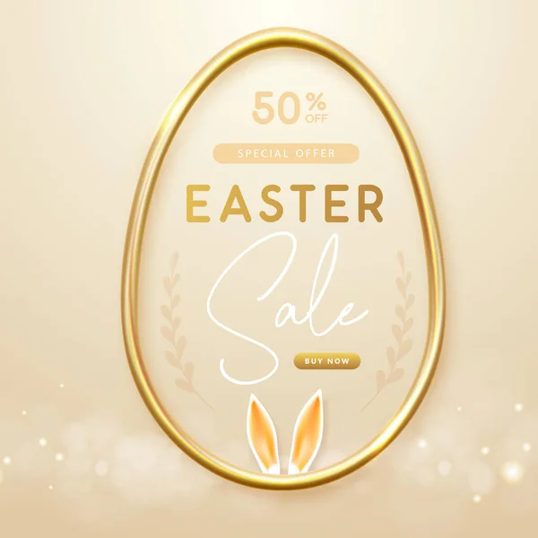 Happy Easter Typography Big Sale Poster Gold Easter Egg Rabbit — Vettoriale Stock