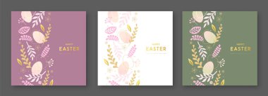 Set of Happy Easter greeting cards with Easter eggs and floral decorative elements. Flat style. Set of Modern Easter covers. Vector illustration