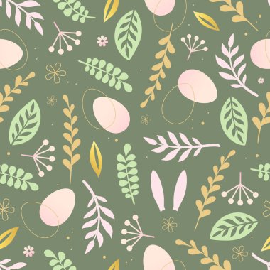 Happy Easter seamless pattern with easter eggs, rabbit ears and floral decorative elements. Easter background. Vector illustration