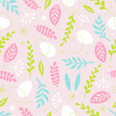 Happy Easter seamless pattern with easter eggs, rabbit ears and floral decorative elements. Easter background. Vector illustration