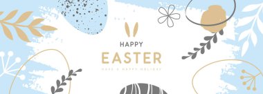 Happy Easter eggs with floral decorative elements and rabbit ears. Flat style. Modern Easter background. Greeting card or poster. Vector illustration