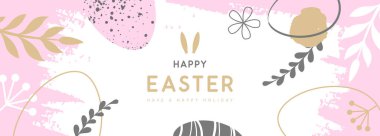 Happy Easter eggs with floral decorative elements and rabbit ears. Flat style. Modern Easter background. Greeting card or poster. Vector illustration