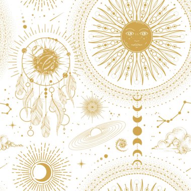 Modern büyü cadılığı astrolojisi. Güneş, yıldızlar, gezegenler ve dış uzayda kusursuz desen. Astroloji geçmişi. Vecto illüstrasyonu