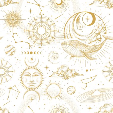 Modern magic witchcraft  astrology seamless pattern with sun, stars, planets and outer space. Astrology background. Vecto illustration