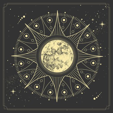 Modern magic witchcraft card with astrology full moon. Realistic hand drawing illustration of moon clipart