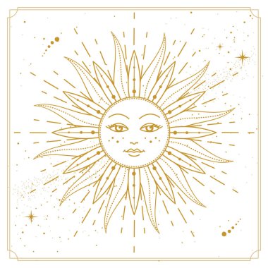 Modern magic witchcraft card with astrology sun sign with human face.Vecto illustration of sun with human face