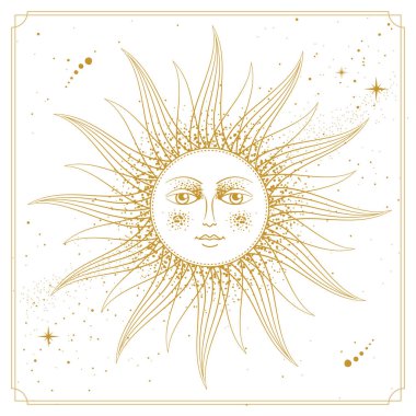 Modern magic witchcraft card with astrology sun sign with human face.Vecto illustration of sun with human face