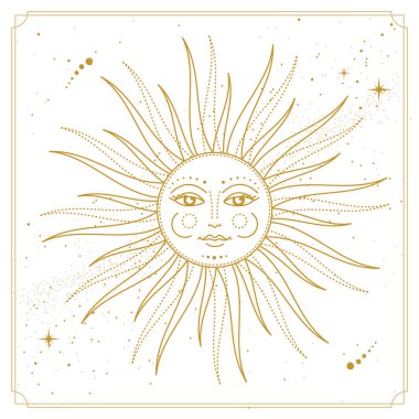 Modern magic witchcraft card with astrology sun sign with human face.Vecto illustration of sun with human face