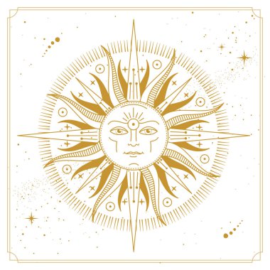 Modern magic witchcraft card with astrology sun sign with human face.Vecto illustration of sun with human face