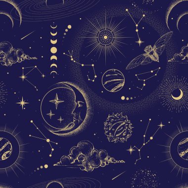 Modern büyü cadılığı astrolojisi. Güneş, yıldızlar, gezegenler ve dış uzayda kusursuz desen. Astroloji geçmişi. Vecto illüstrasyonu
