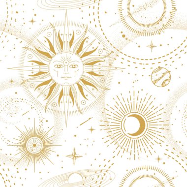 Modern büyü cadılığı astrolojisi. Güneş, yıldızlar, gezegenler ve dış uzayda kusursuz desen. Astroloji geçmişi. Vecto illüstrasyonu