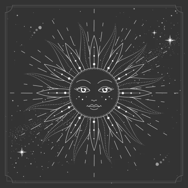 带有人脸的占星术太阳符号的现代魔法巫术卡片 — 图库矢量图片