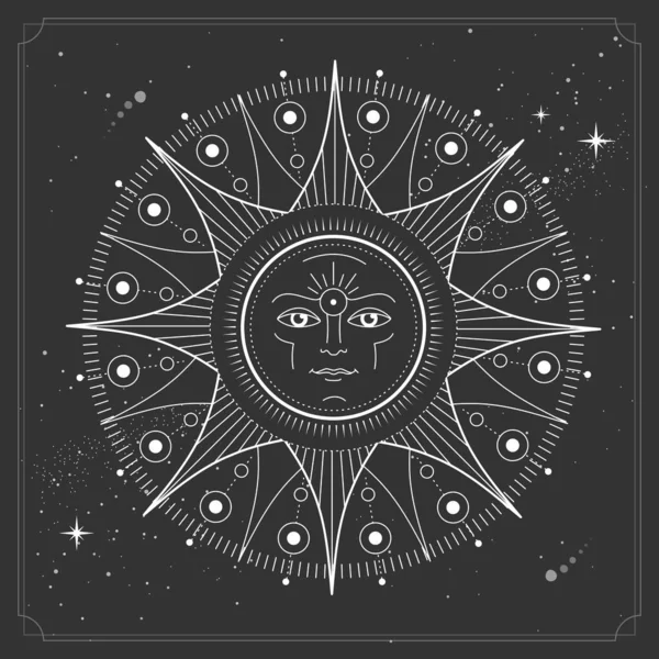 Nowoczesna Magiczna Karta Astrologicznym Znakiem Słońca Ludzką Twarzą Vecto Ilustracja — Wektor stockowy
