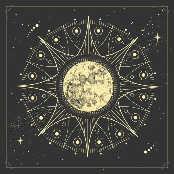 Современная Магическая Карта Колдовства Астрологией Полнолуния Реалистичная Ручная Иллюстрация Луны — стоковый вектор