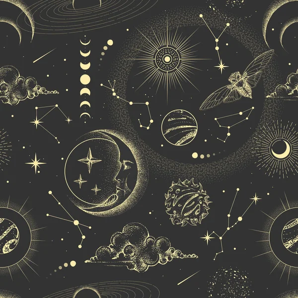 Modern Magic Witchcraft Astrology Seamless Pattern Sun Stars Planets Outer — 图库矢量图片