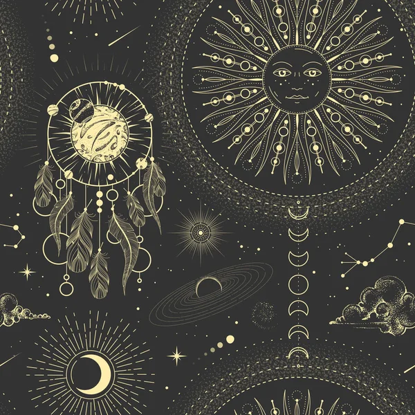 Современная Магическая Астрология Колдовства Бесшовная Картина Солнцем Звездами Планетами Космическим — стоковый вектор