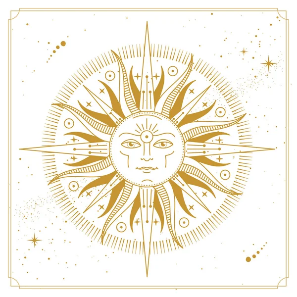 带有人脸的占星术太阳符号的现代魔法巫术卡片 — 图库矢量图片