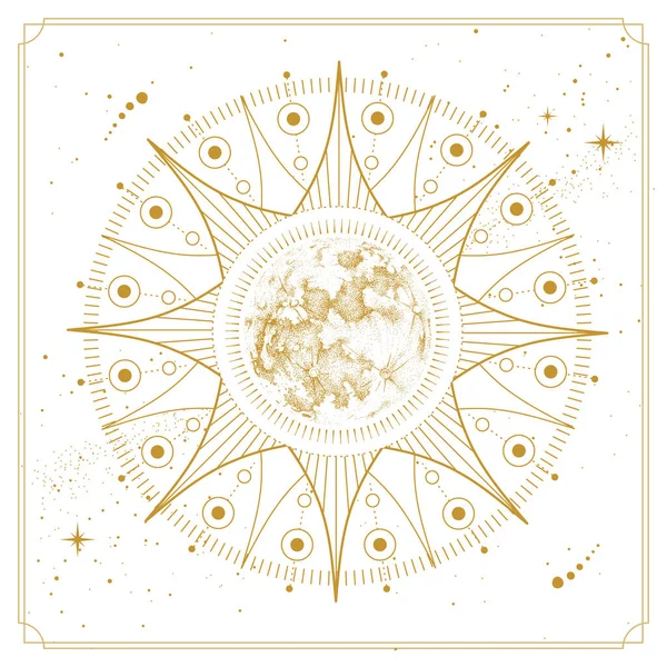 Carte Sorcellerie Magique Moderne Avec Astrologie Pleine Lune Illustration Réaliste — Image vectorielle