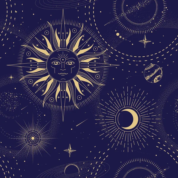 Modern Magic Witchcraft Astrology Seamless Pattern Sun Stars Planets Outer — Stockvector