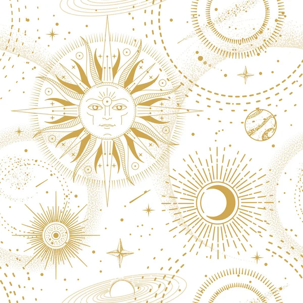 Современная Магическая Астрология Колдовства Бесшовная Картина Солнцем Звездами Планетами Космическим — стоковый вектор