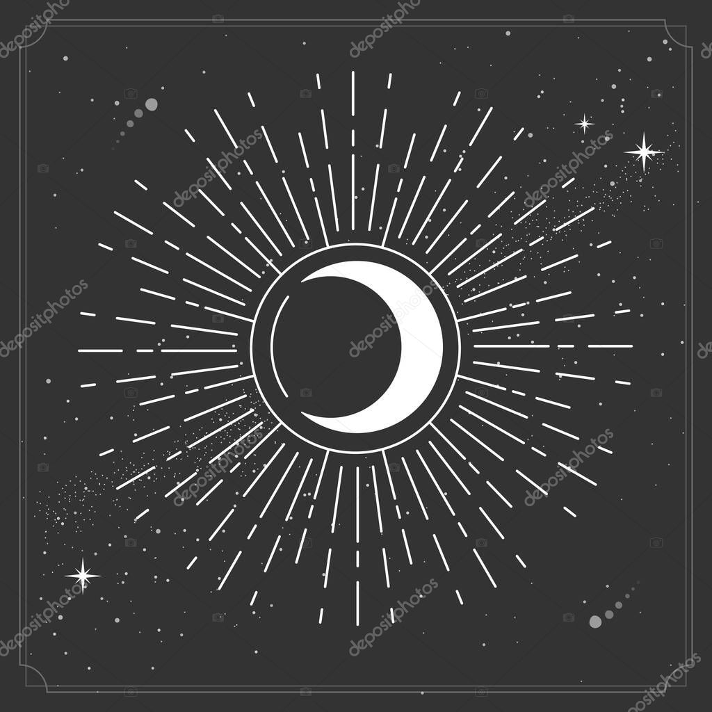 Modern magic witchcraft card with astrology crescent sing or moon eclipse. Vector illustration