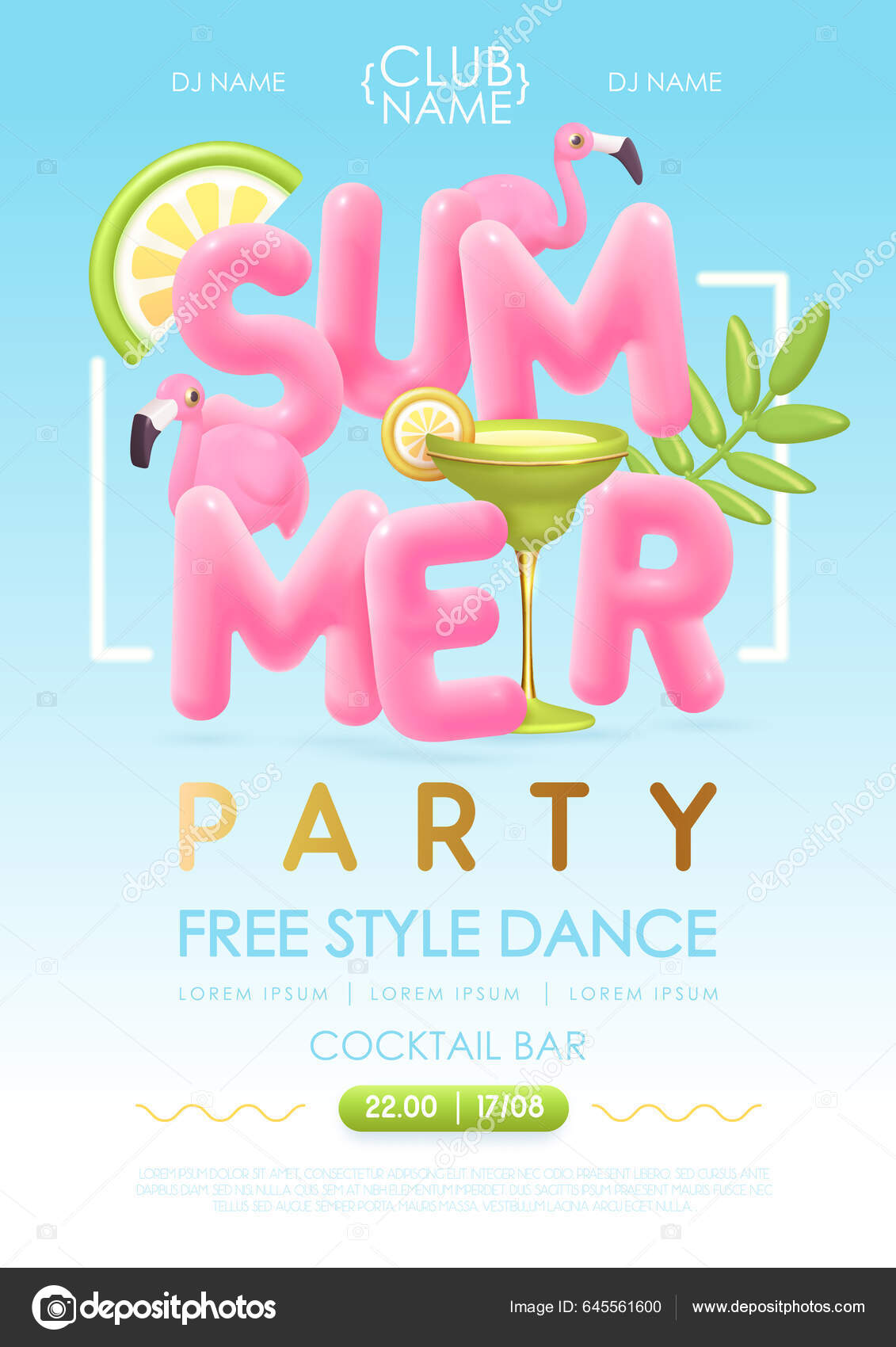 Cartaz Tipografia Festa Coquetel Verão Com Texto Plástico Coquetel Folhas  Vetor de ©annbozshko 645561600, image size:1131x1700