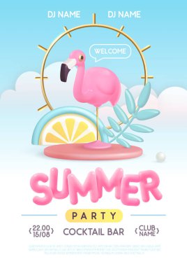 Üç boyutlu plastik metin, flamingo ve tropik yapraklı yaz disko partisi tipografi posteri. Vektör illüstrasyonu