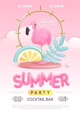 Üç boyutlu plastik metin, flamingo ve tropik yapraklı yaz disko partisi tipografi posteri. Vektör illüstrasyonu