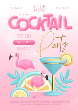Üç boyutlu plastik metin, kokteyl, tropik yapraklar ve flamingo içeren yaz kokteyli disko partisi tipografi posteri. Vektör illüstrasyonu