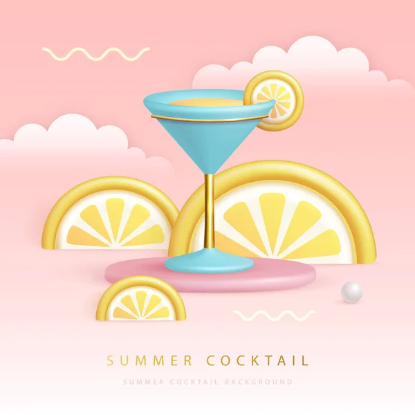 Summer Cocktail Party Poster Plastic Cosmopolitan Cocktail Tropic Fruits Vector — Stock Vector