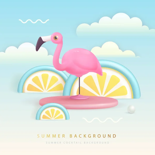 Zomer Poster Met Plastic Tropisch Fruit Flamingo Zomer Achtergrond Vectorillustratie — Stockvector