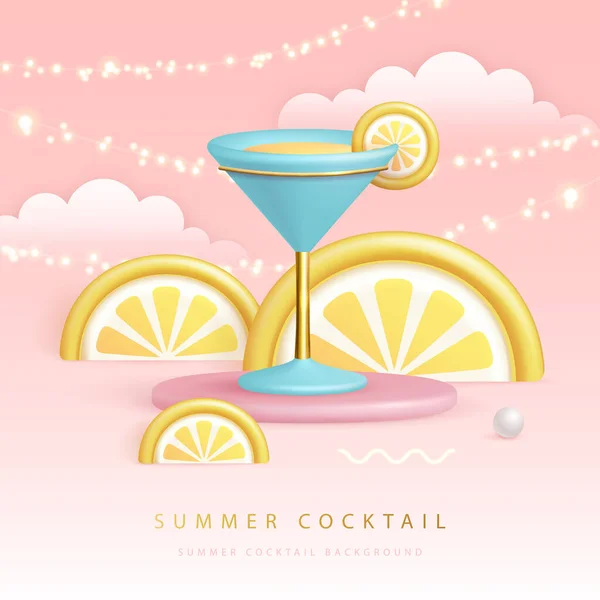 Sommar Cocktailparty Affisch Med Plast Kosmopolitisk Cocktail Tropiska Frukter Och — Stock vektor