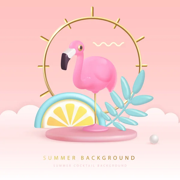 Sommerposter Mit Tropischen Früchten Blättern Und Flamingos Aus Plastik Sommer — Stockvektor