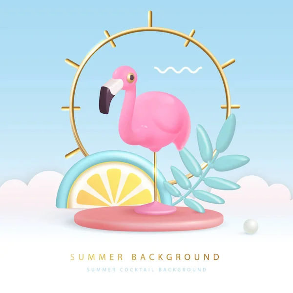 Sommar Affisch Med Plast Tropiska Frukter Blad Och Flamingo Sommarbakgrund — Stock vektor