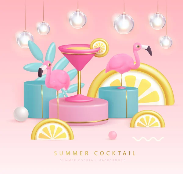 stock vector Summer cocktail party poster with 3D plastic cocktail, tropic fruits and flamingo. Summer background. Vector illustration