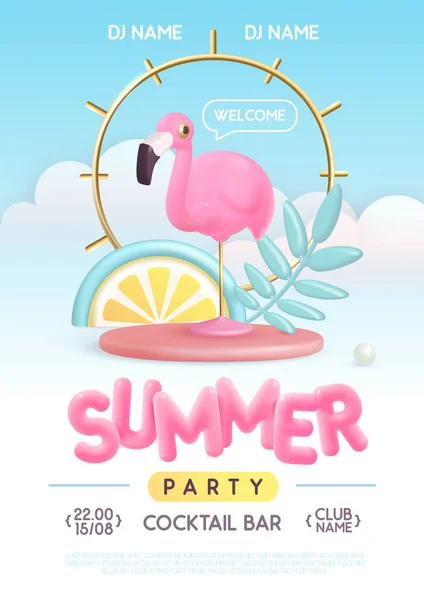 Cartaz Tipografia Festa Disco Verão Com Texto Plástico Flamingo Folhas — Vetor de Stock