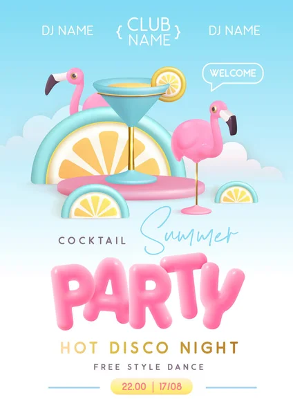 Sommercocktailparty Typografie Poster Mit Plastiktext Cocktail Tropischen Früchten Und Flamingo — Stockvektor